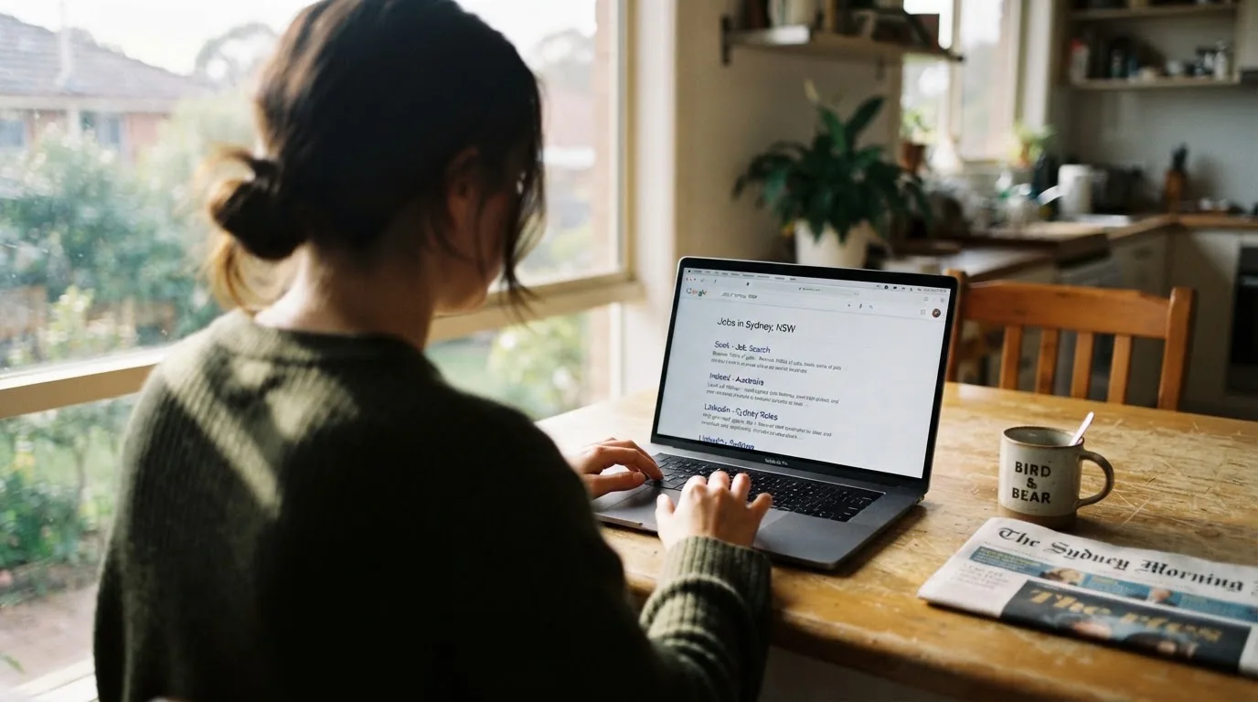 A person sits at a kitchen table, scrolling a laptop showing a general search results page about a review of a pokies site.