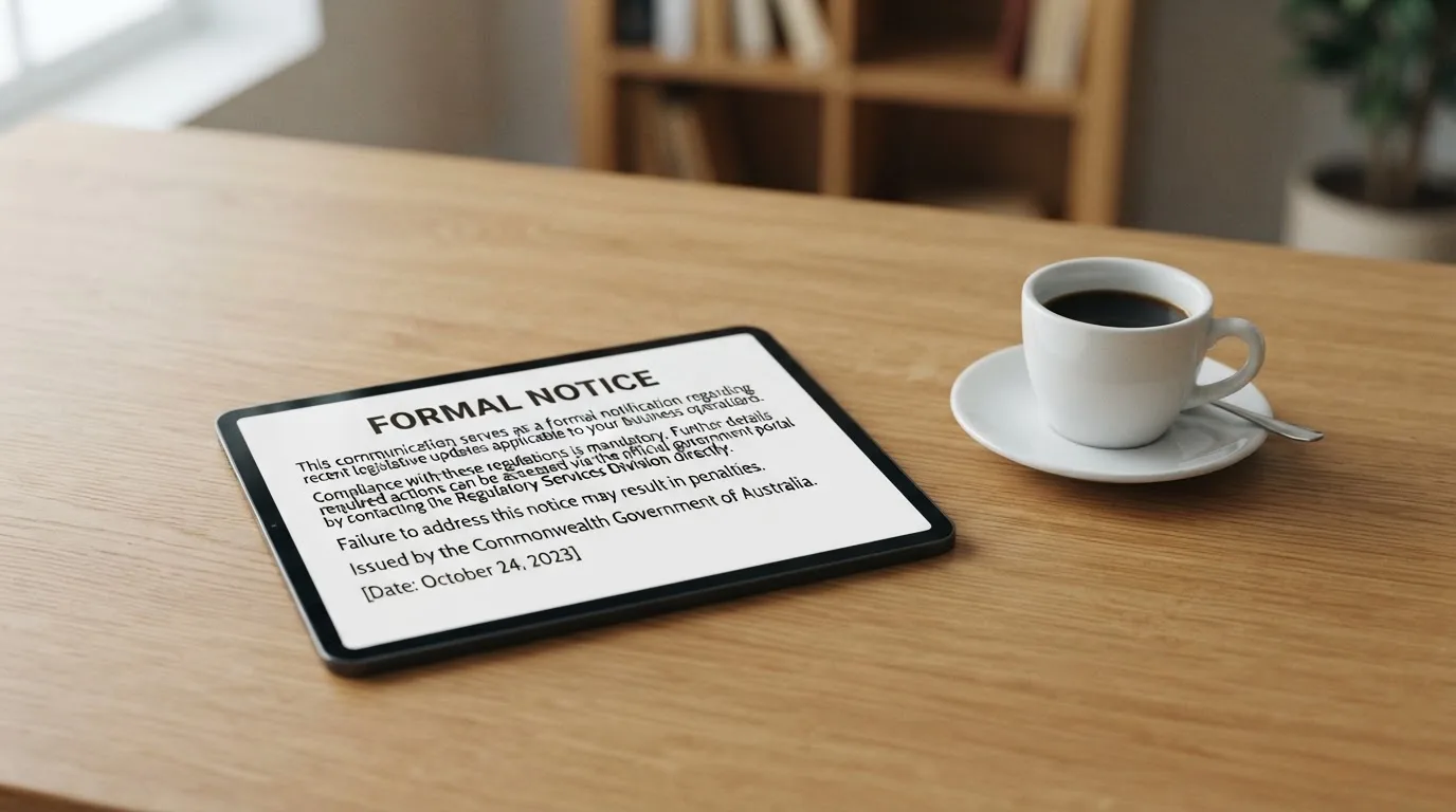 A tablet on a desk displays a plain government-style warning notice page, with a coffee cup beside it.