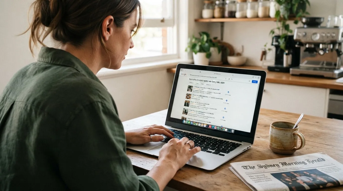 A person sits at a kitchen table, scrolling a laptop showing a general search results page about nearby venues.