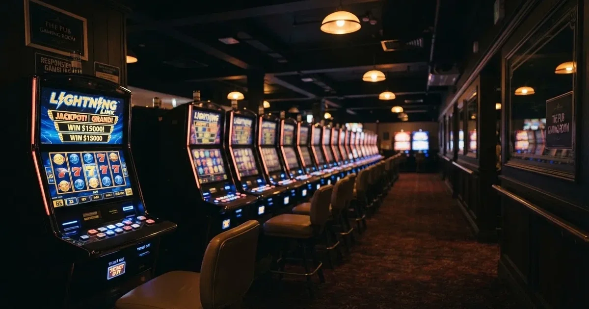 The interior of an Australian pub gaming room with rows of poker machines under dim lighting, no patrons visible.