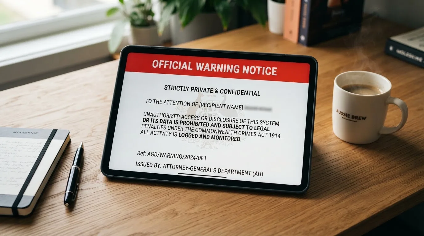 A tablet on a desk displays a plain government-style warning notice page, with a coffee cup beside it.