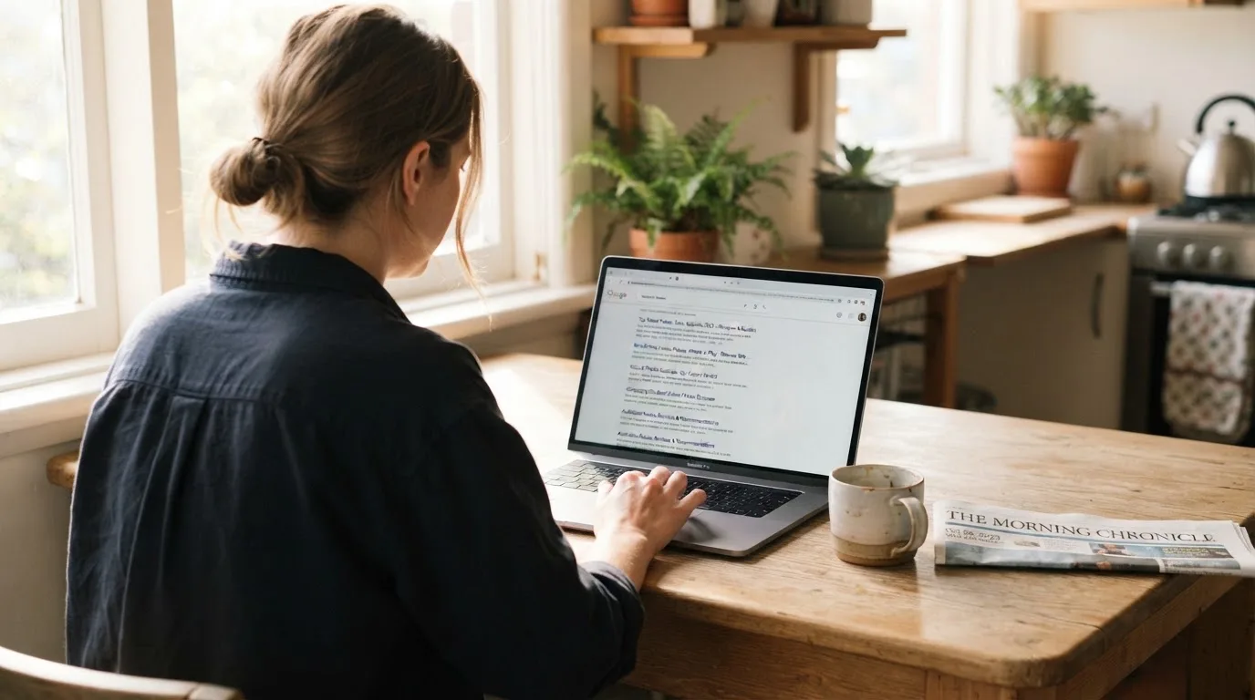 A person sits at a kitchen table, scrolling a laptop showing a general search results page about a review of a pokies site.