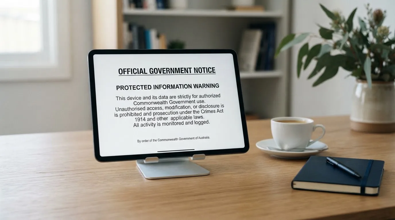 A tablet on a desk displays a plain government-style warning notice page, with a coffee cup beside it.