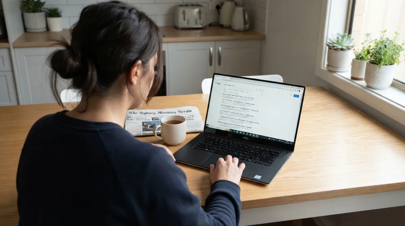 A person sits at a kitchen table, scrolling a laptop showing a general search results page about pokies strategy articles.