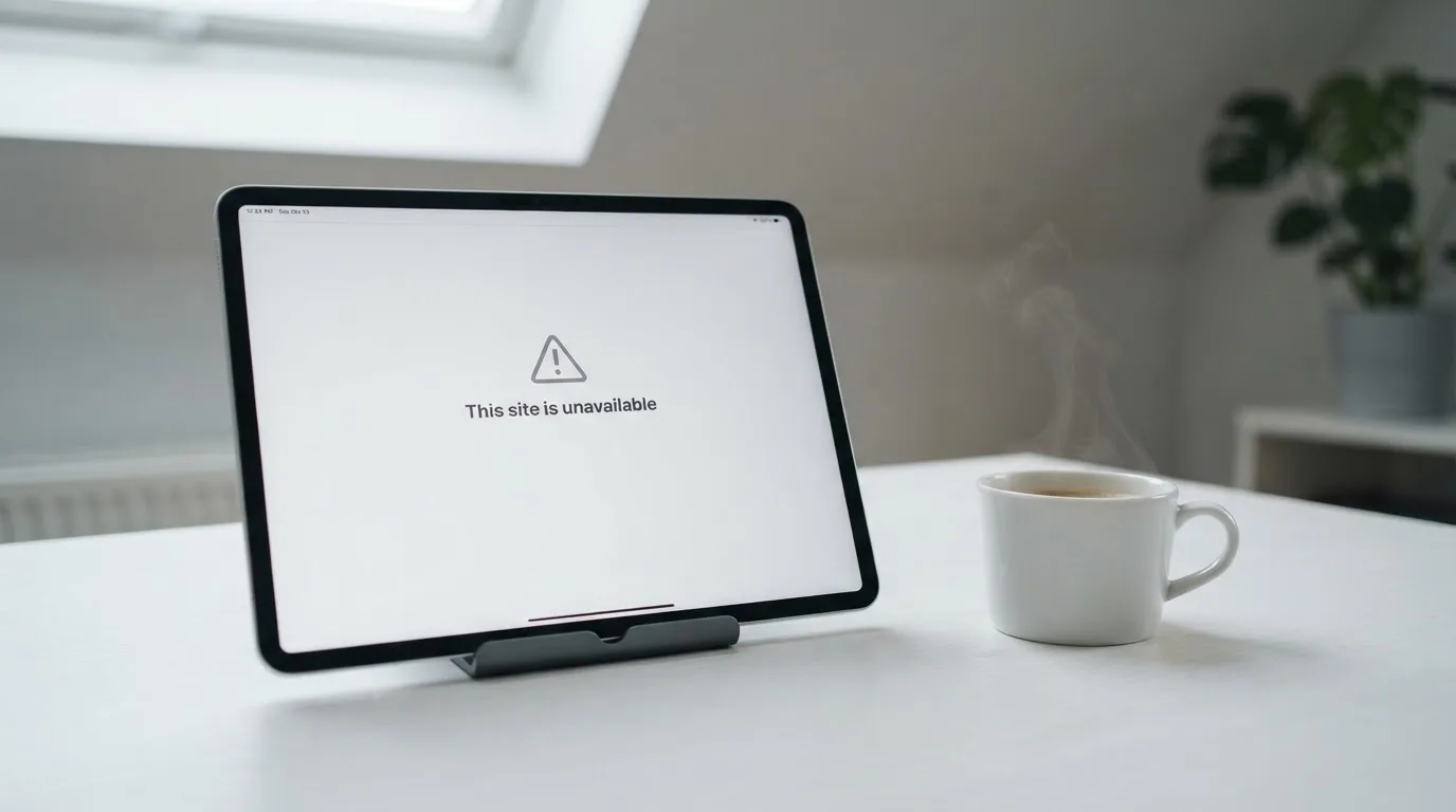A tablet on a desk displays a plain government-style warning notice page, with a coffee cup beside it.