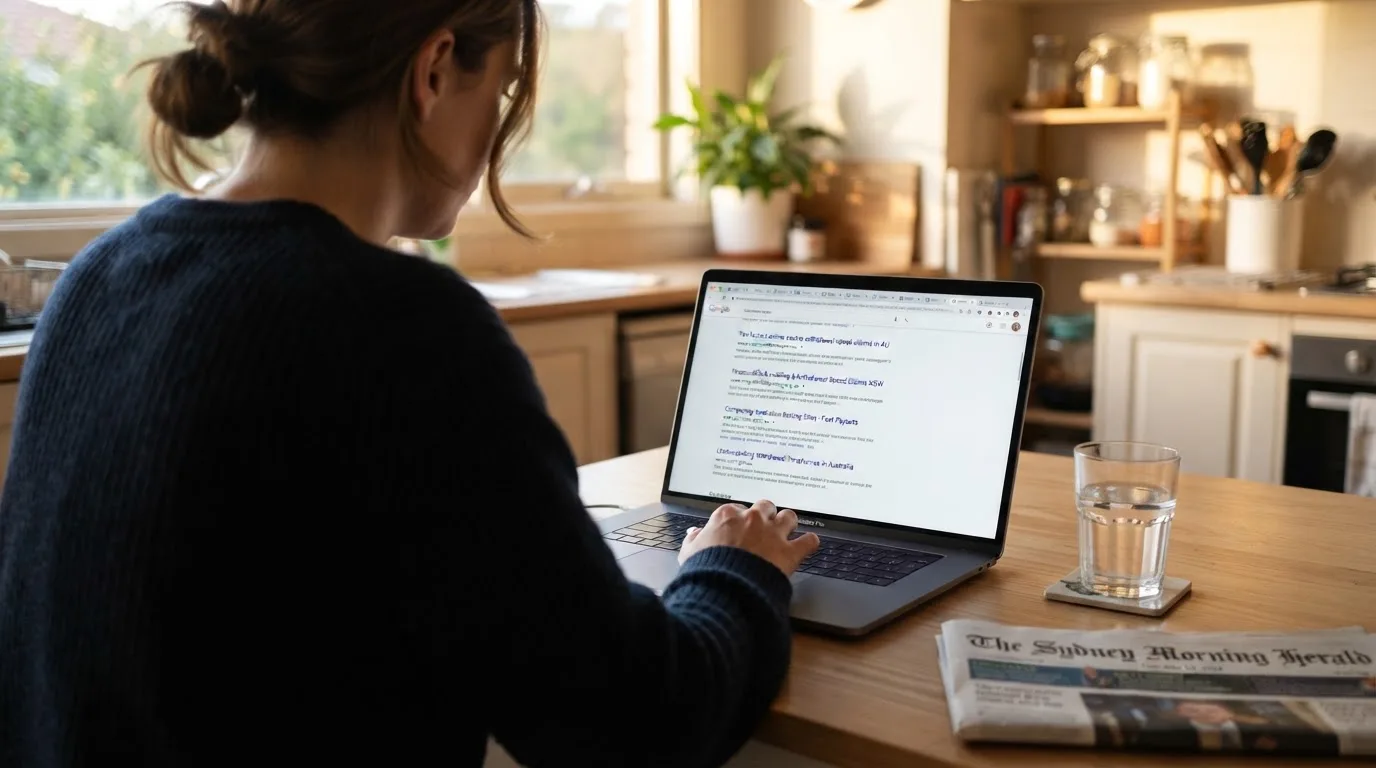A person sits at a kitchen table, scrolling a laptop showing a general search results page about withdrawal speed claims.