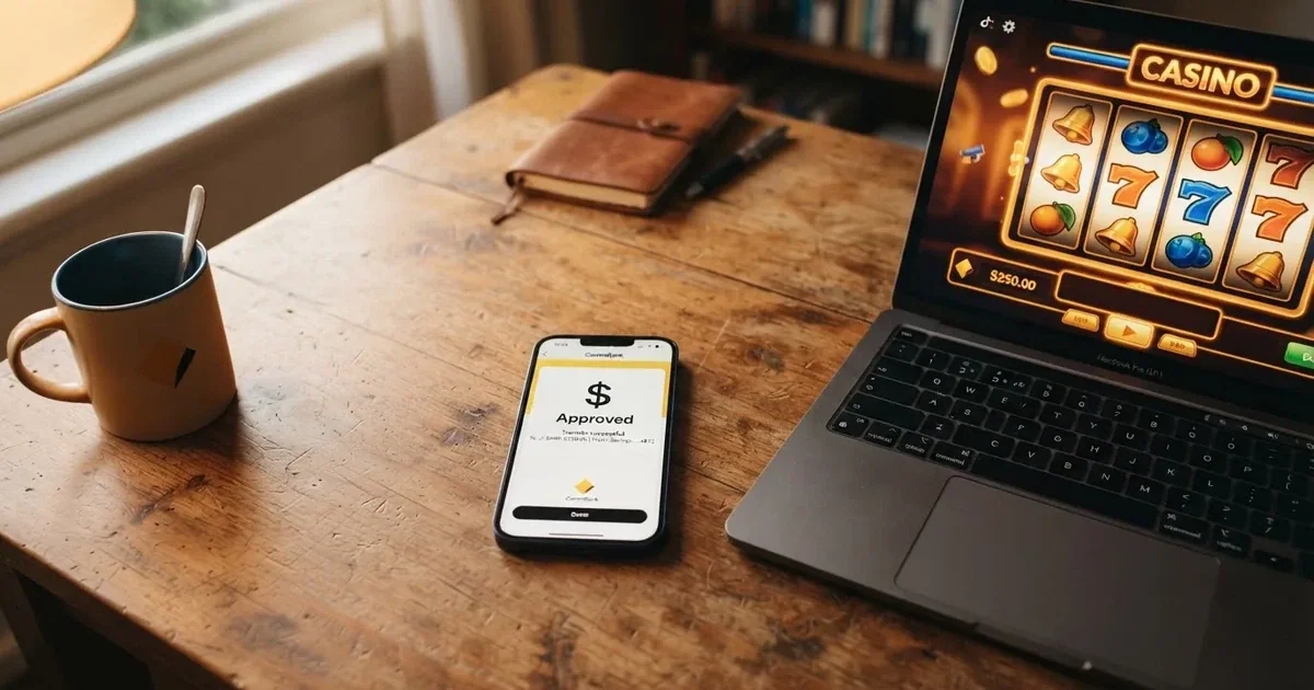Close-up of a smartphone banking app open beside a laptop on a home desk, mid-transfer.