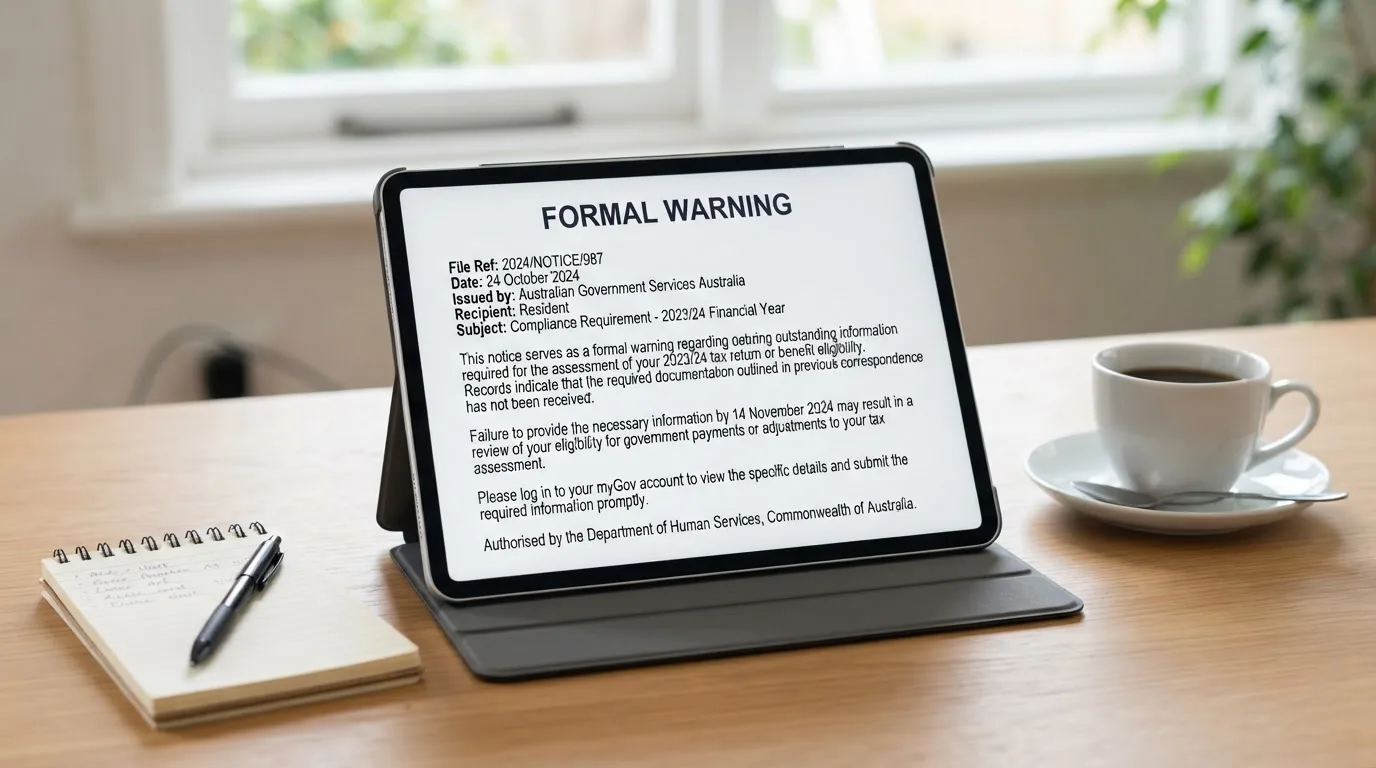 A tablet on a desk displays a plain government-style warning notice page, with a coffee cup beside it.