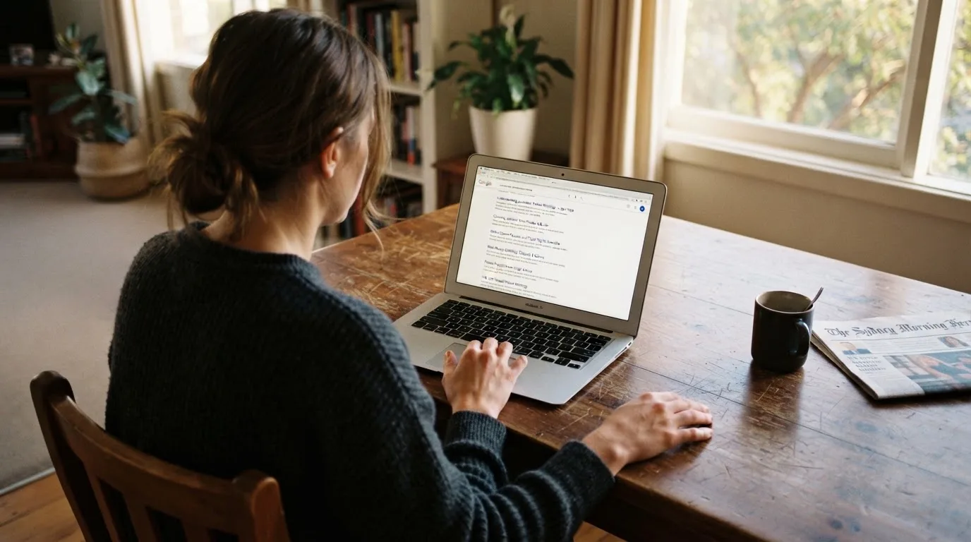 A person sits at a kitchen table, scrolling a laptop showing a general search results page about real-cash pokies claims.