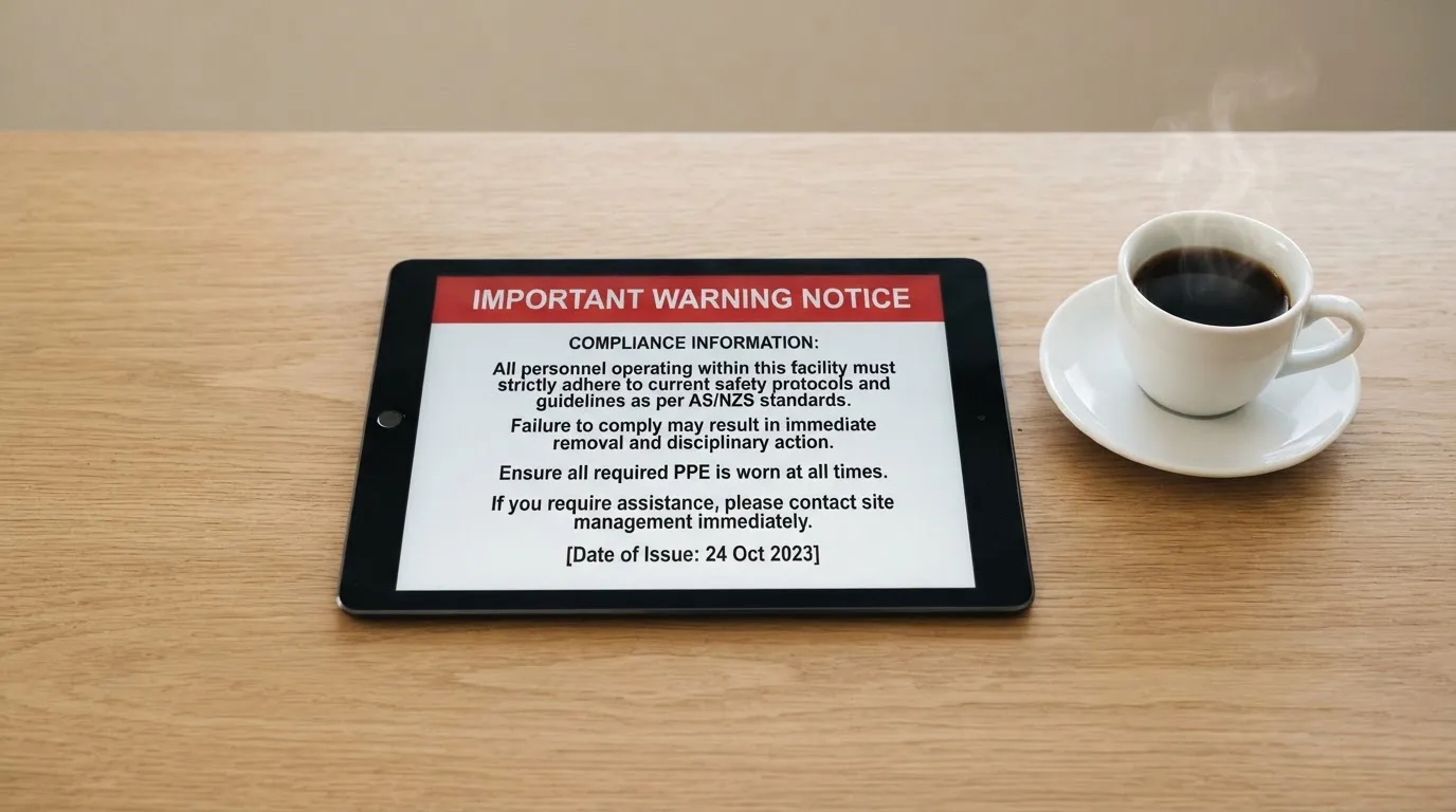 A tablet on a desk displays a plain government-style warning notice page, with a coffee cup beside it.