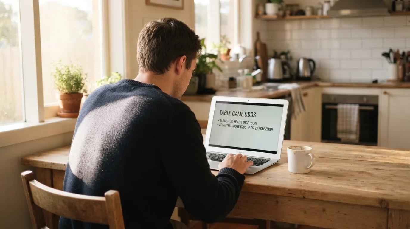 A person sits at a kitchen table, scrolling a laptop showing a general search results page about table game odds.