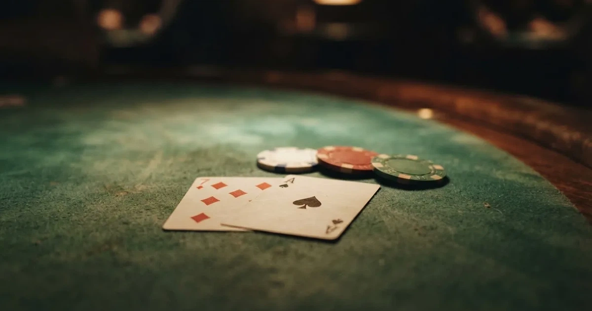 A close-up of a blackjack table felt with cards and chips laid out, no dealer or players visible.