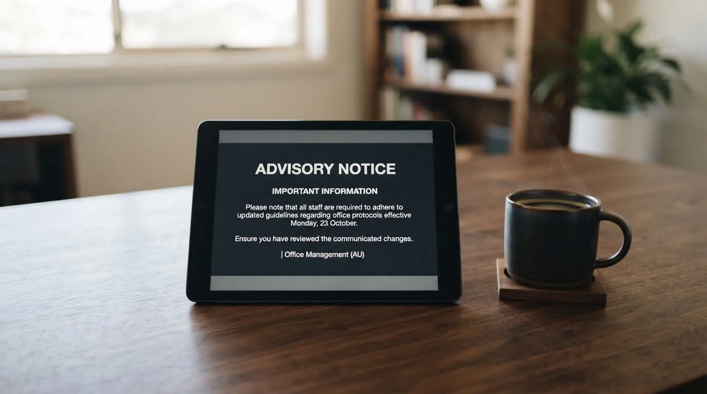 A tablet on a desk displays a plain government-style warning notice page, with a coffee cup beside it.