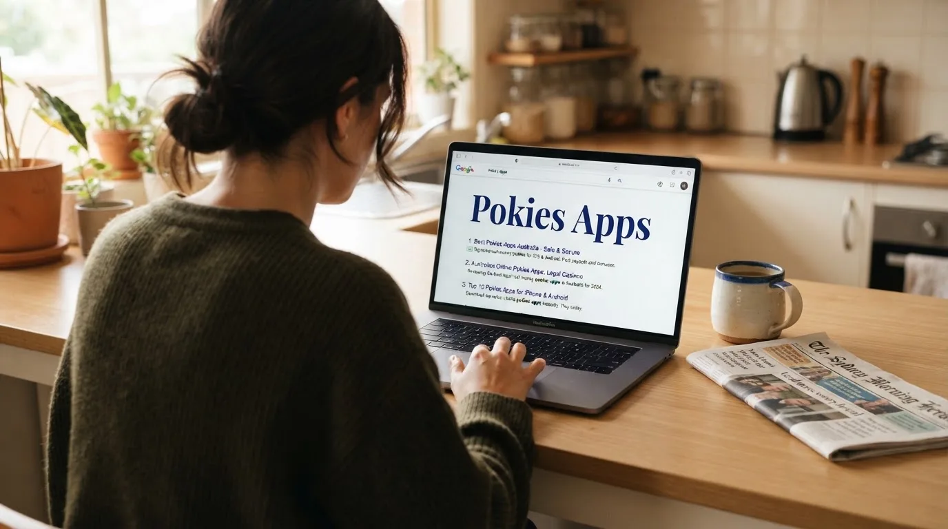A person sits at a kitchen table, scrolling a laptop showing a general search results page about pokies apps.