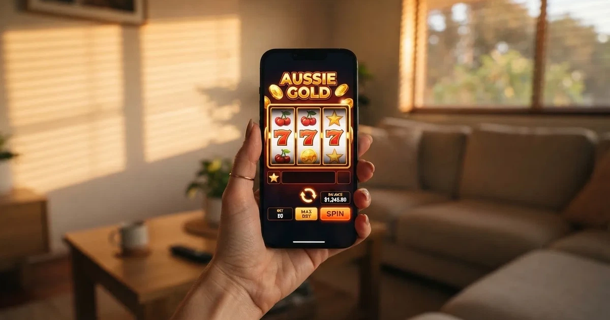 A hand holds a smartphone with an app icon grid visible on the home screen, thumb hovering over the display.