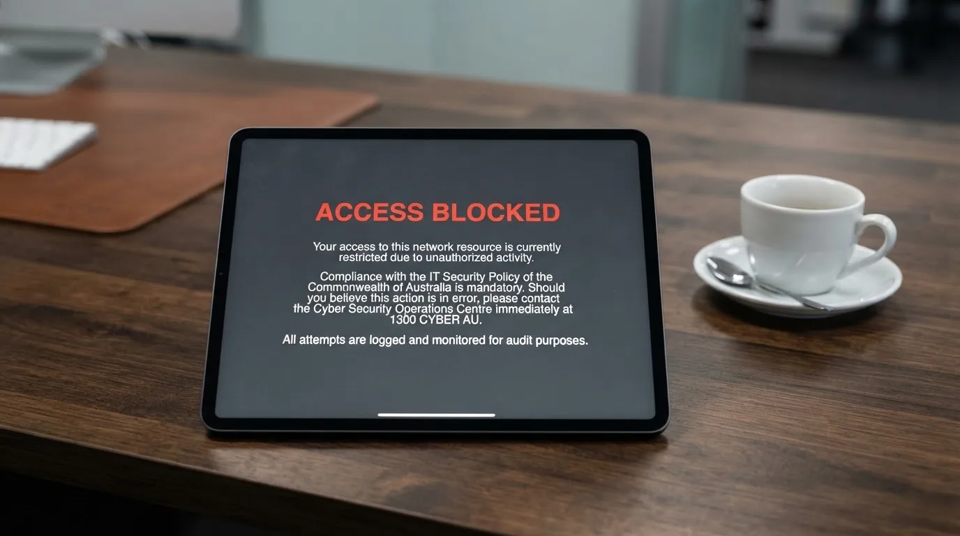 A tablet on a desk displays a plain government-style warning notice page, with a coffee cup beside it.