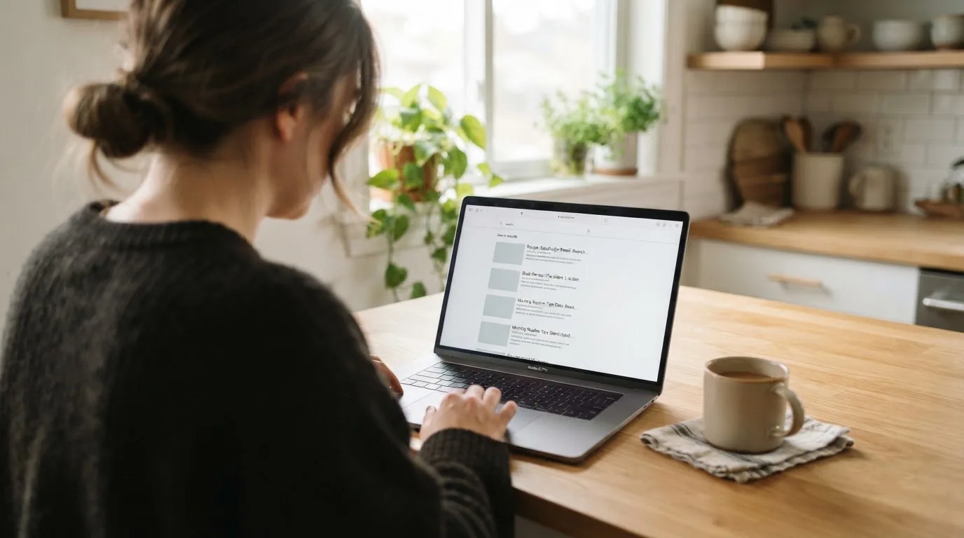 A person sits at a kitchen table, scrolling a laptop showing a general search results page about pokies apps.