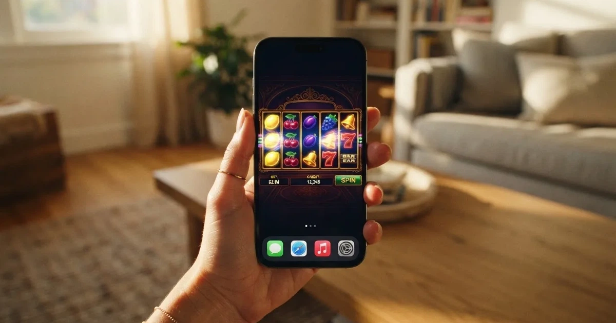 A hand holds a smartphone with an app icon grid visible on the home screen, thumb hovering over the display.