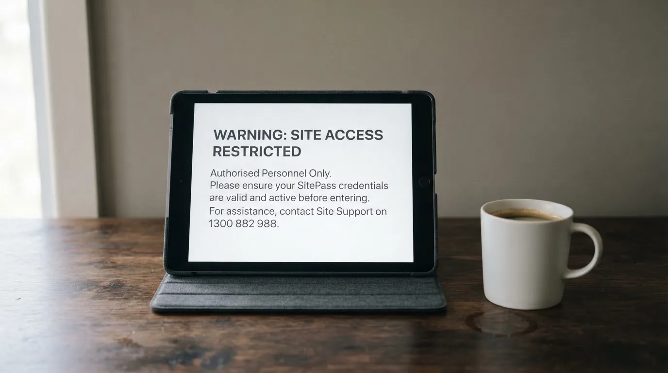 A tablet on a desk displays a plain government-style warning notice page, with a coffee cup beside it.