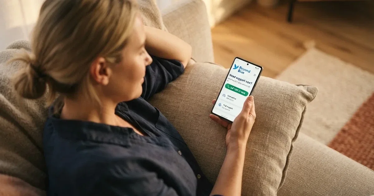 A person looks at a support-helpline page on a phone while sitting alone on a sofa.