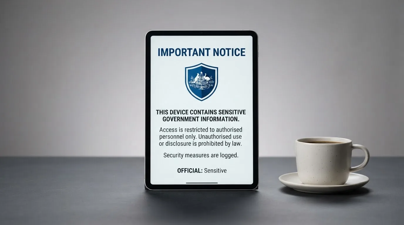 A tablet on a desk displays a plain government-style warning notice page, with a coffee cup beside it.