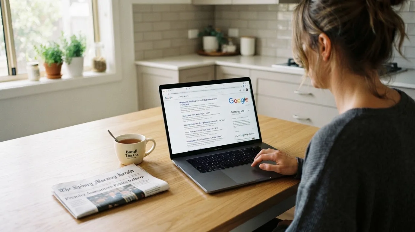 A person sits at a kitchen table, scrolling a laptop showing a general search results page about pokies safety claims.