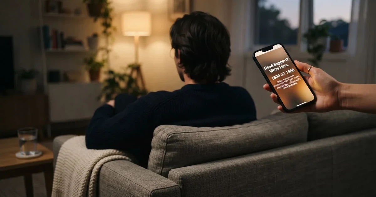 A person looks at a support-helpline page on a phone while sitting alone on a sofa.