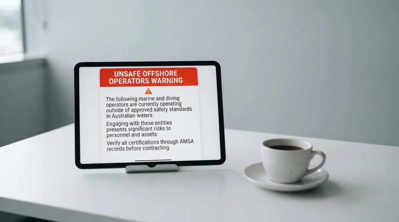 A tablet on a desk displays a plain government-style warning notice page, with a coffee cup beside it.