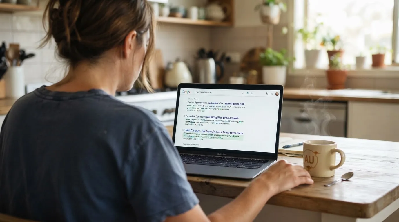 A person sits at a kitchen table, scrolling a laptop showing a general search results page about payout speed claims.