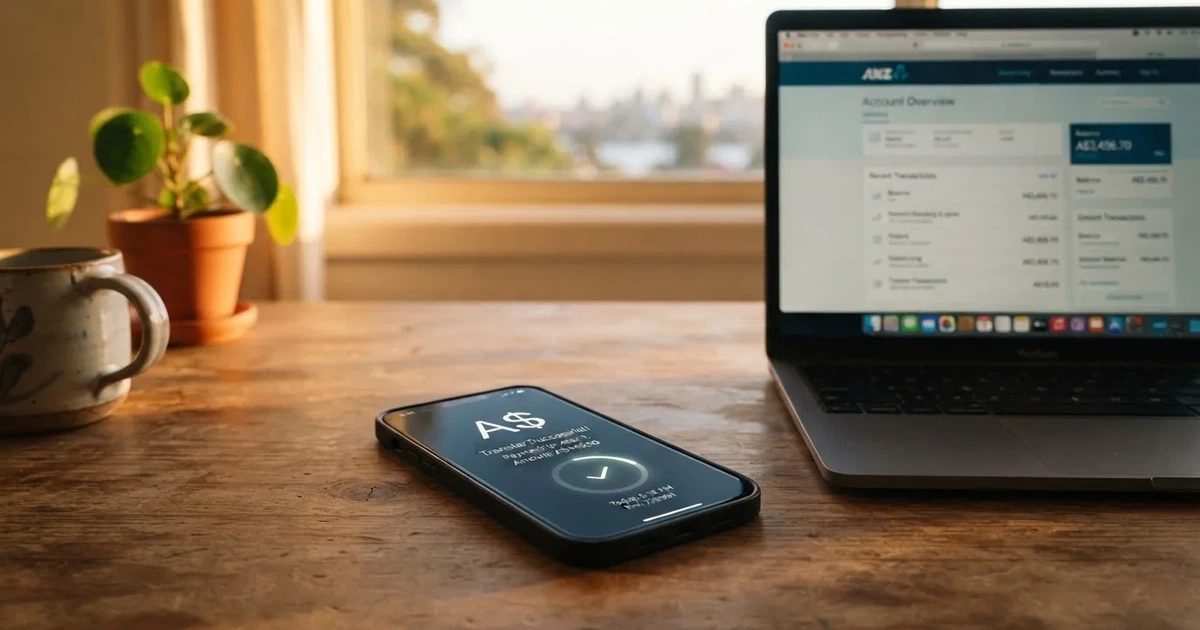 Close-up of a smartphone banking app open beside a laptop on a home desk, mid-transfer.
