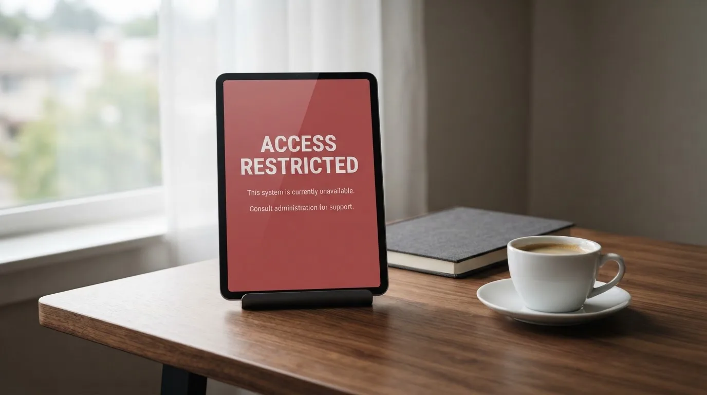 A tablet on a desk displays a plain government-style warning notice page, with a coffee cup beside it.