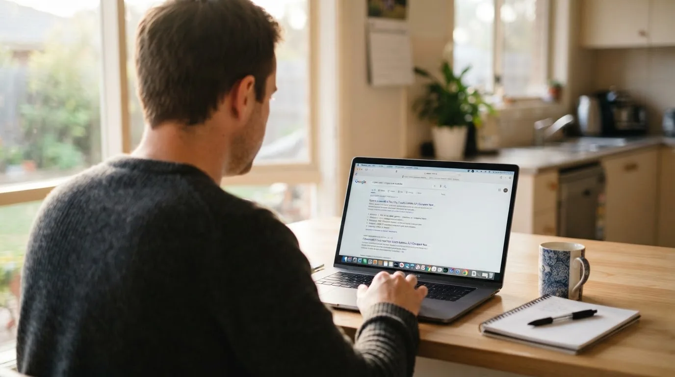 A person sits at a kitchen table, scrolling a laptop showing a general search results page about crypto casino comparisons.