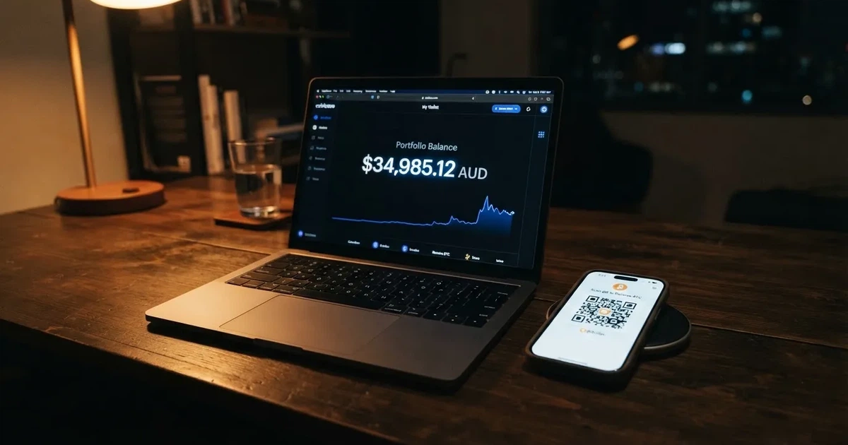 A laptop screen shows a cryptocurrency wallet balance next to a phone displaying a QR code, on a desk at night.