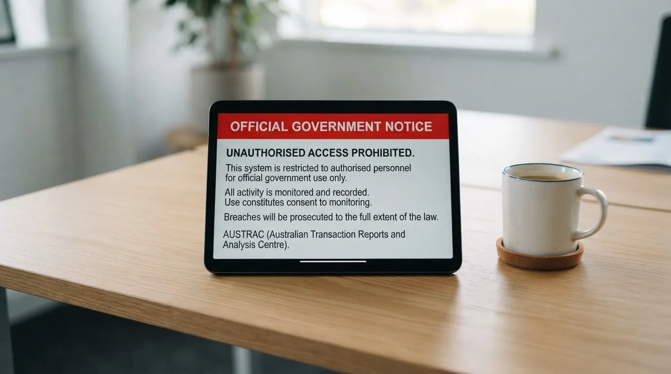 A tablet on a desk displays a plain government-style warning notice page, with a coffee cup beside it.