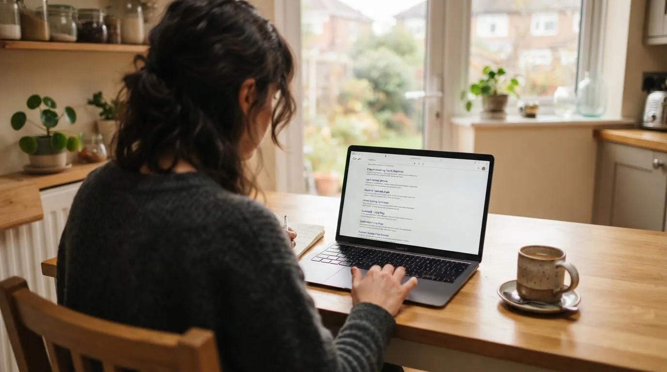 A person sits at a kitchen table, scrolling a laptop showing a general search results page about casino rankings.