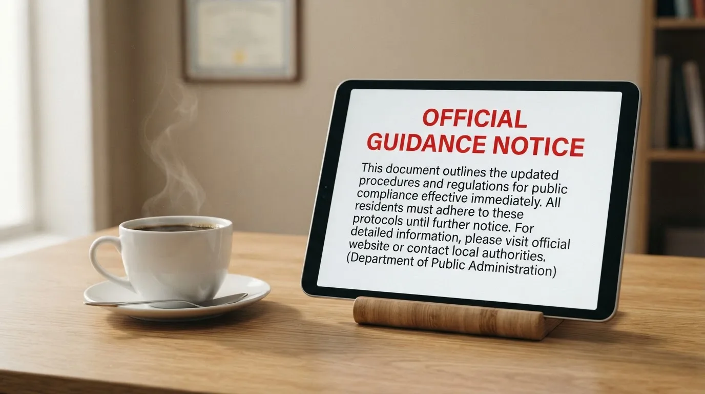 A tablet on a desk displays a plain government-style warning notice page, with a coffee cup beside it.