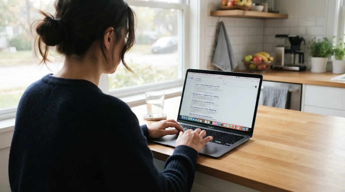 A person sits at a kitchen table, scrolling a laptop showing a general search results page about casino ratings.