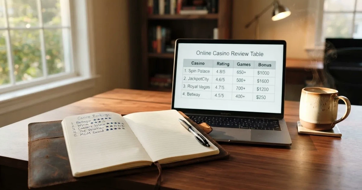 A notepad with a handwritten numbered list sits next to an open laptop showing a comparison table.