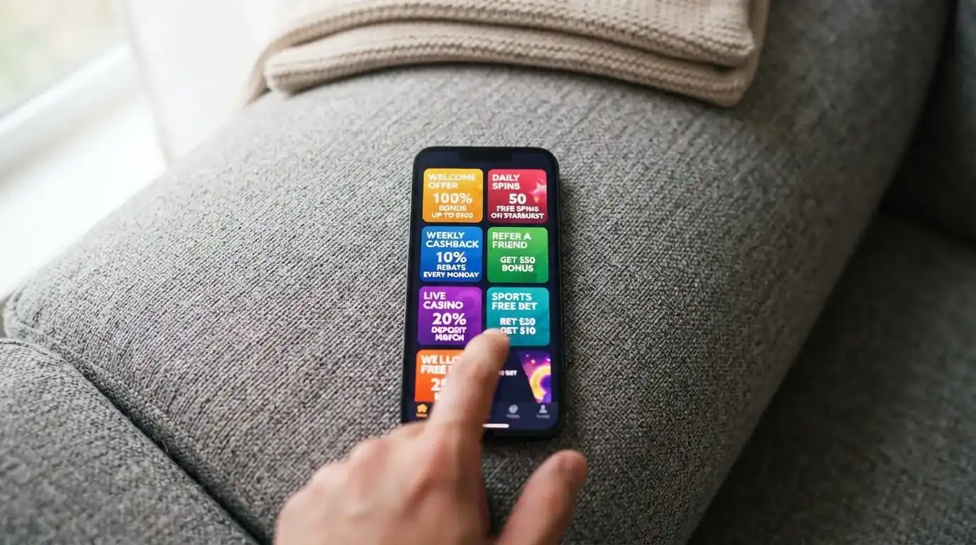 A phone screen shows a list of promotional bonus tiles as someone scrolls with one thumb on a couch.