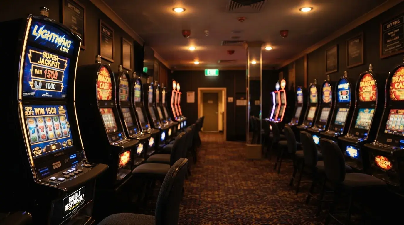The interior of an Australian pub gaming room with rows of poker machines under dim lighting, no patrons visible.