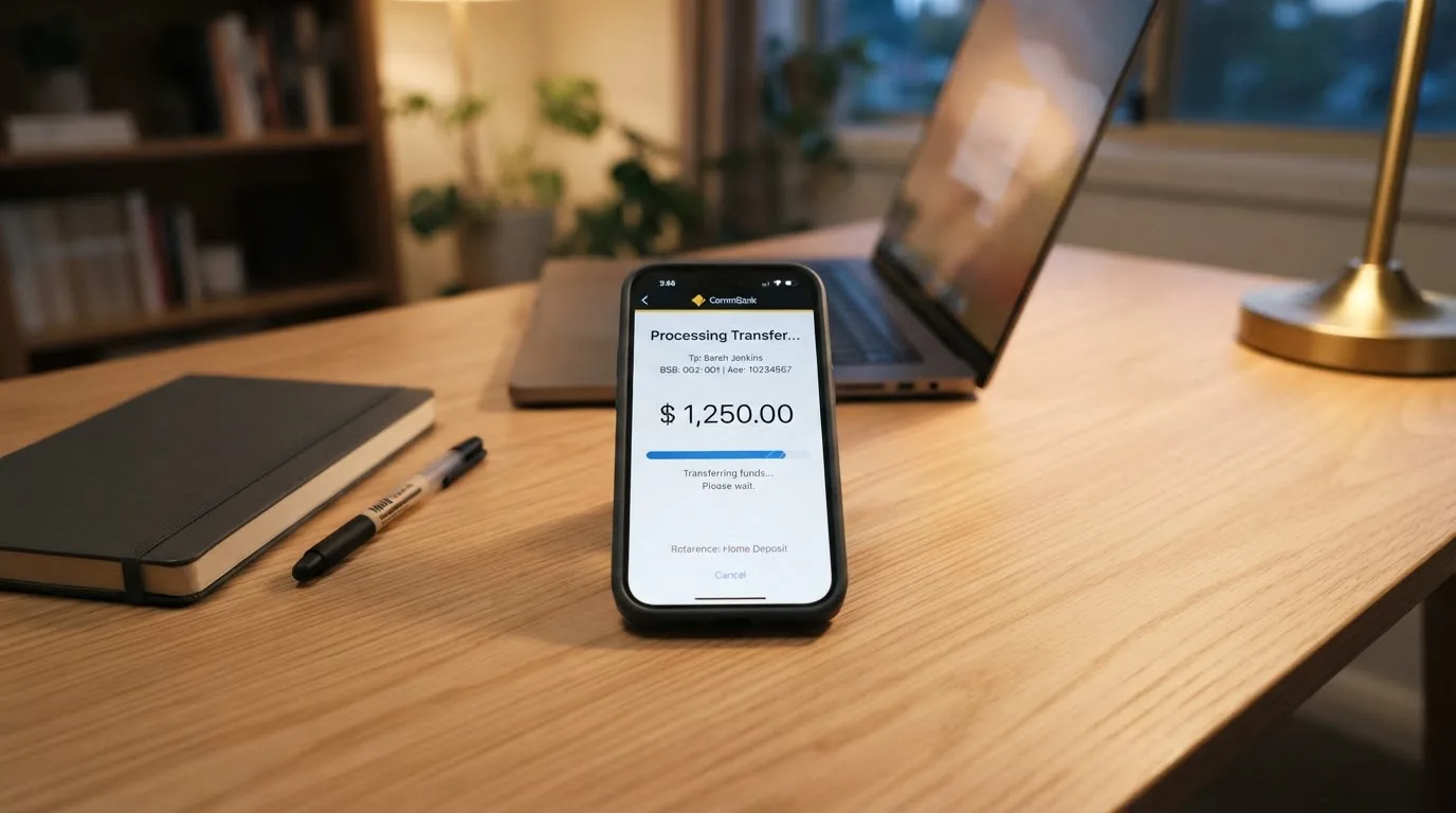 Close-up of a smartphone banking app open beside a laptop on a home desk, mid-transfer.