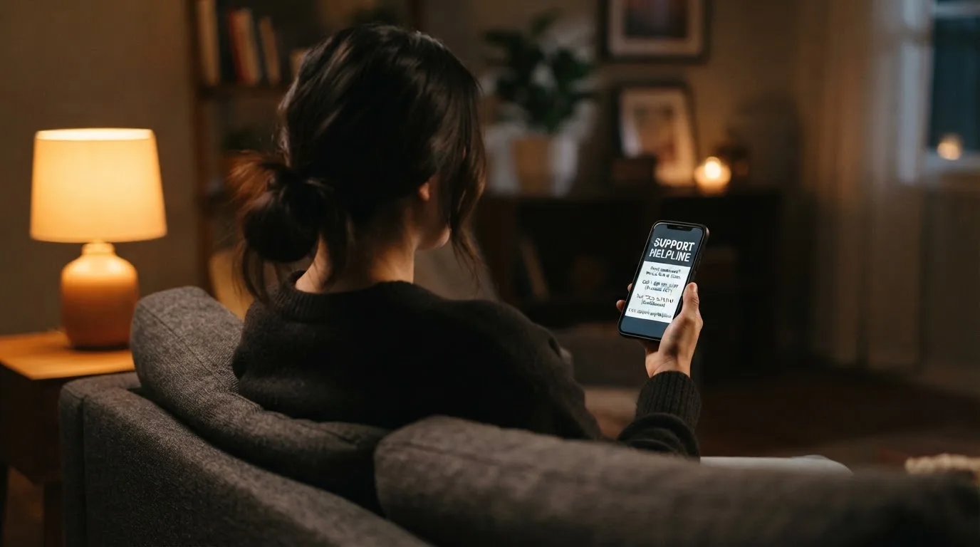 A person looks at a support-helpline page on a phone while sitting alone on a sofa.