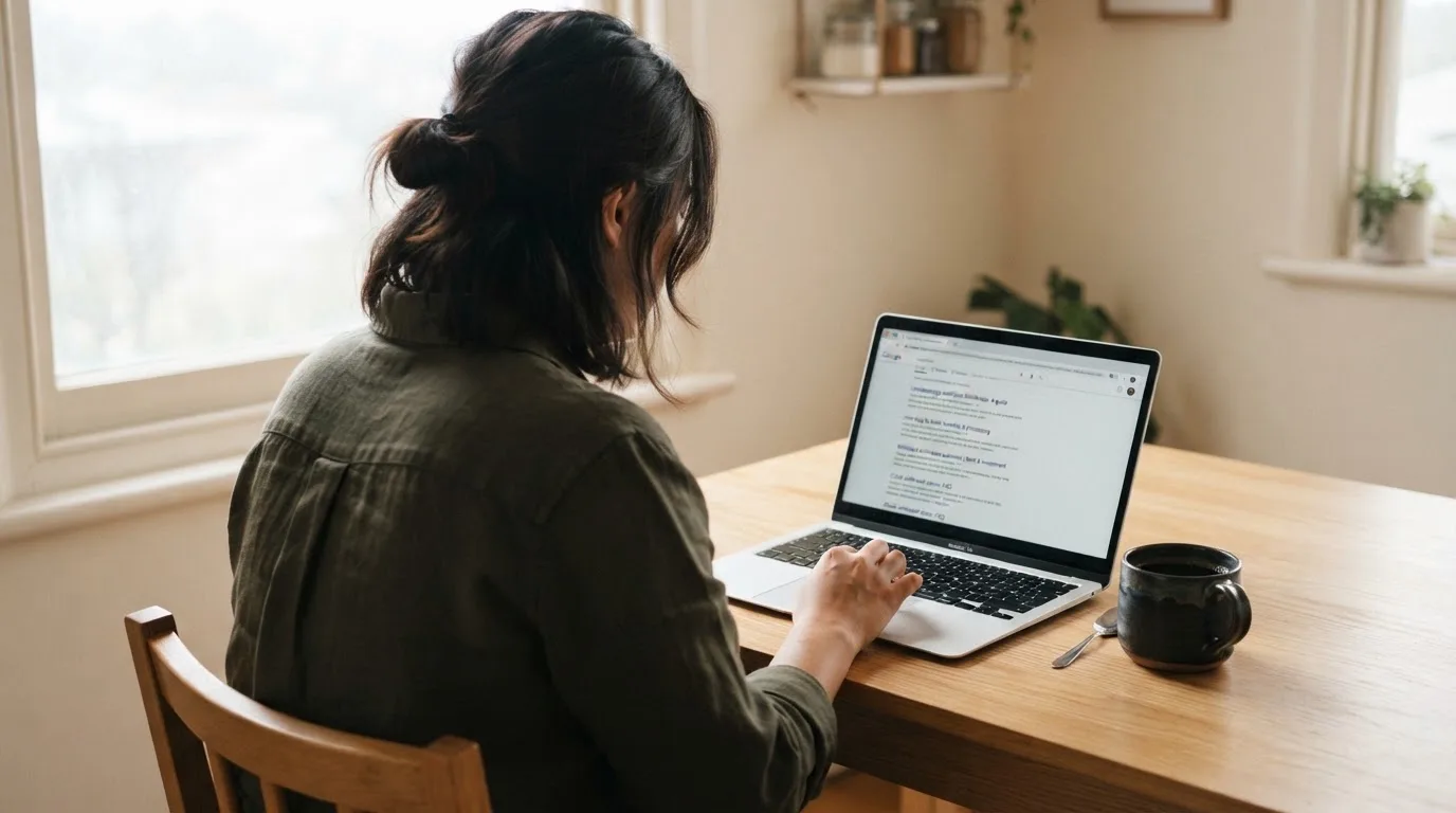 A person sits at a kitchen table, scrolling a laptop showing a general search results page about withdrawal timeframes.