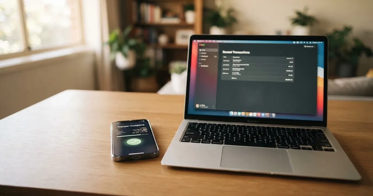 Close-up of a smartphone banking app open beside a laptop on a home desk, mid-transfer.