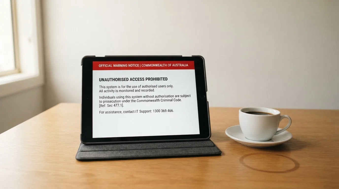 A tablet on a desk displays a plain government-style warning notice page, with a coffee cup beside it.