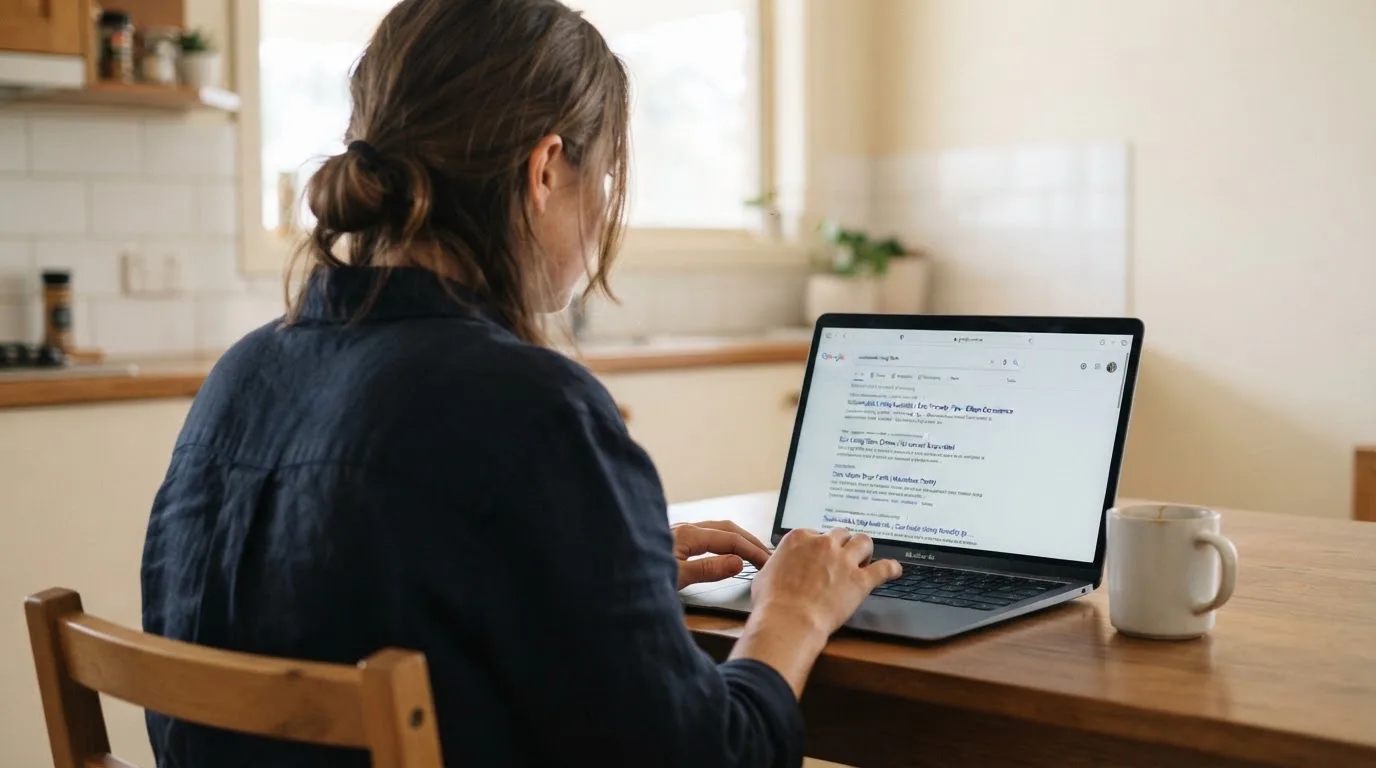 A person sits at a kitchen table, scrolling a laptop showing a general search results page about a review of a pokies site.