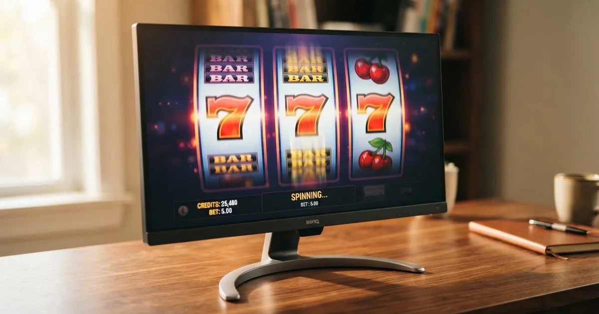 A close-up of a slot reel display shown on a monitor, no other windows open.