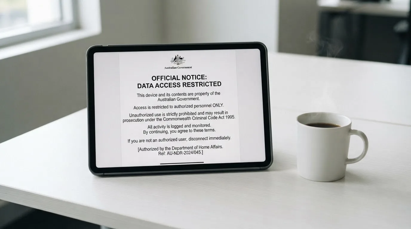 A tablet on a desk displays a plain government-style warning notice page, with a coffee cup beside it.
