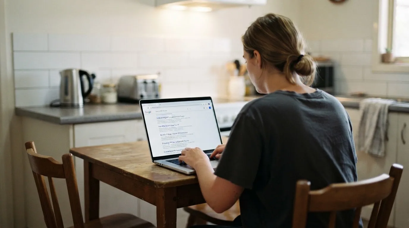 A person sits at a kitchen table, scrolling a laptop showing a general search results page about VPN access claims.