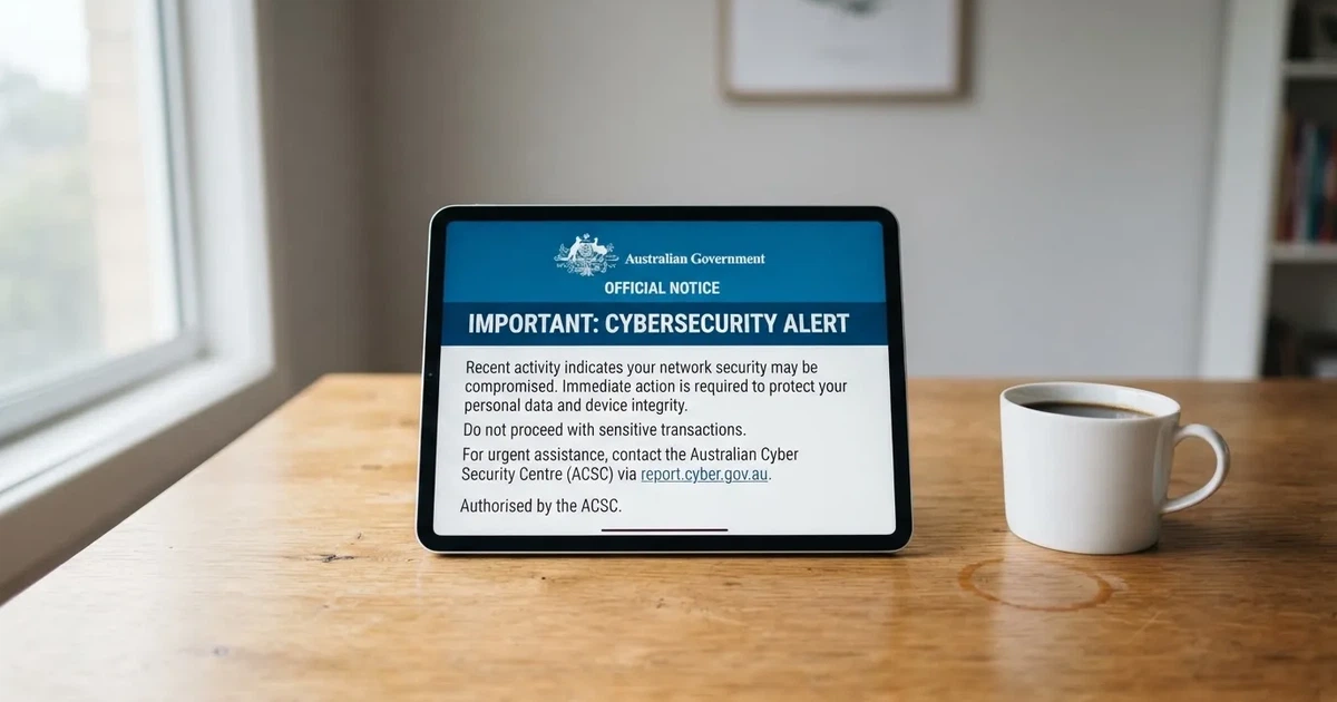 A tablet on a desk displays a plain government-style warning notice page, with a coffee cup beside it.